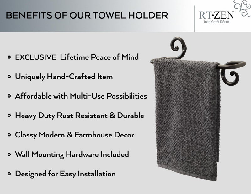 RTZEN Matte Black Hand Towel Holder for Bathroom - Handcrafted Farmhouse Wrought Iron Metal Kitchen Bar - Small Hand Towel Bar Hanger for Home or Office - Wall Mounted Rack Fits 10" Towels - Image 2